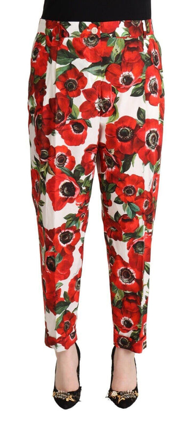 Dolce & Gabbana White Red Anemone Cotton Trouser Tapered Pants - Ellie Belle