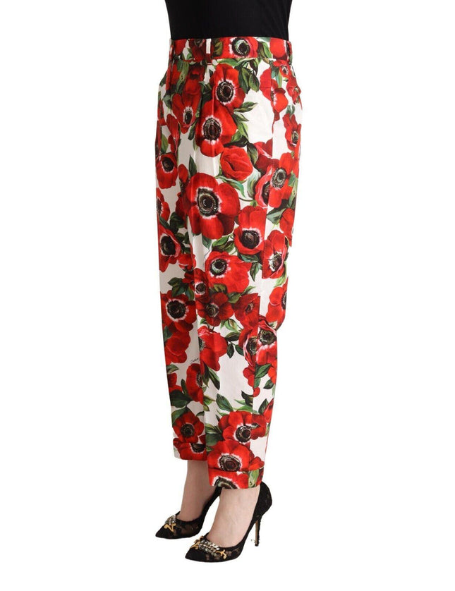 Dolce & Gabbana White Red Anemone Cotton Trouser Tapered Pants - Ellie Belle