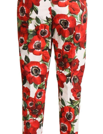 Dolce & Gabbana White Red Anemone Cotton Trouser Tapered Pants - Ellie Belle