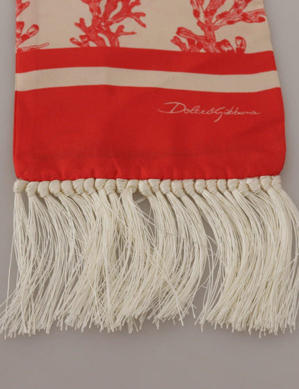 Dolce & Gabbana White Red Coral Print Shawl Wrap Fringe Scarf - Ellie Belle