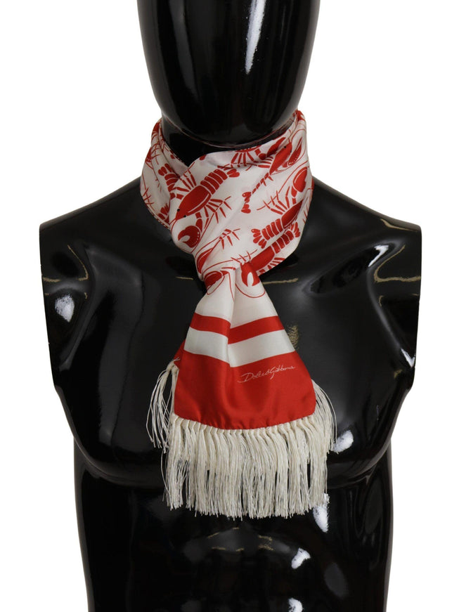 Dolce & Gabbana White Red DG Lobster Print Shawl Fringe Scarf - Ellie Belle