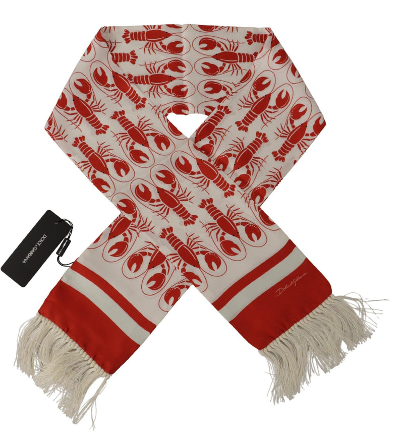 Dolce & Gabbana White Red DG Lobster Print Shawl Fringe Scarf - Ellie Belle