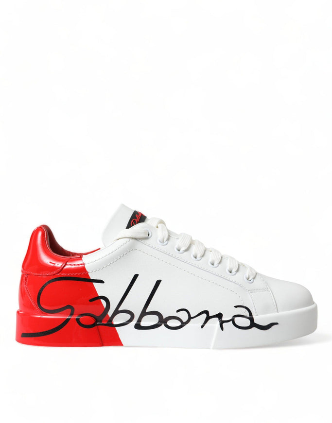 Dolce & Gabbana White Red Leather Logo Low Top Sneakers Men Shoes - Ellie Belle