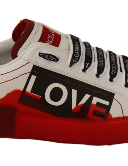Dolce & Gabbana White Red Portofino Love Print Leather Sneakers Shoes - Ellie Belle