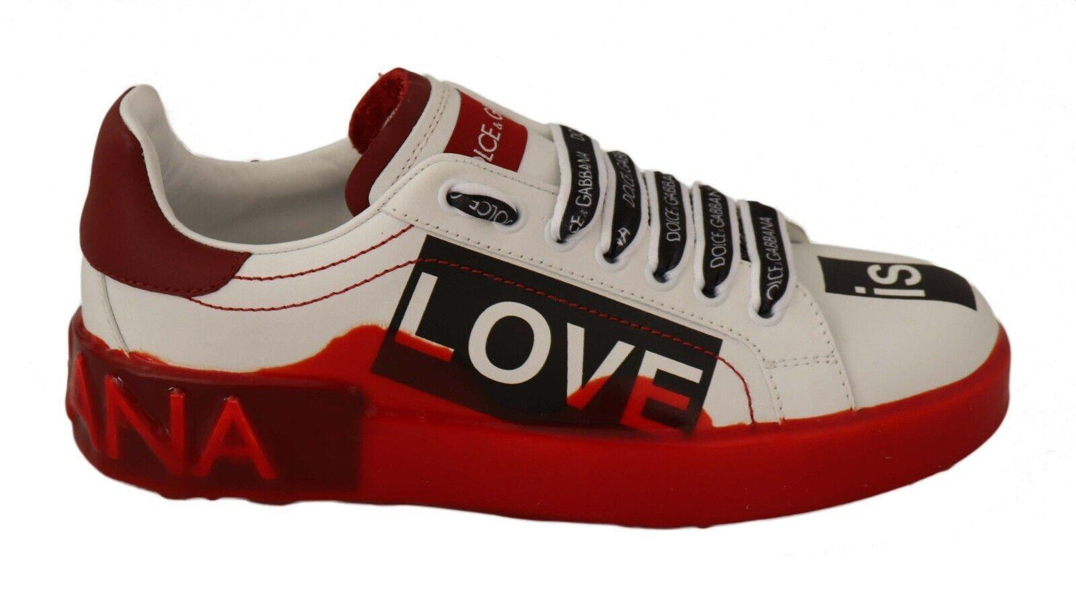 Dolce & Gabbana White Red Portofino Love Print Leather Sneakers Shoes - Ellie Belle