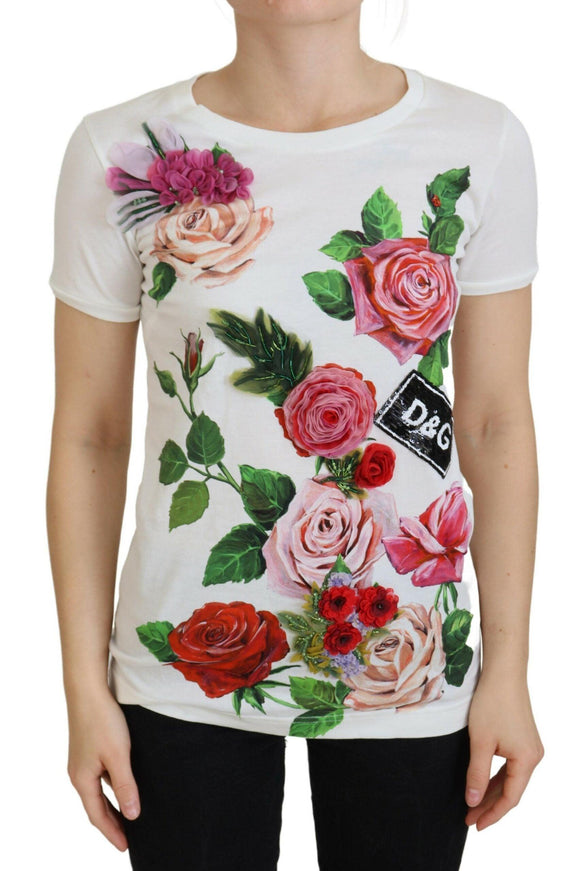 Dolce & Gabbana White Rose DGLogo Printed Short Sleeves Top - Ellie Belle