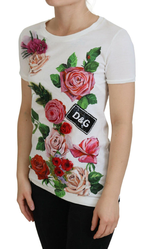 Dolce & Gabbana White Rose DGLogo Printed Short Sleeves Top - Ellie Belle