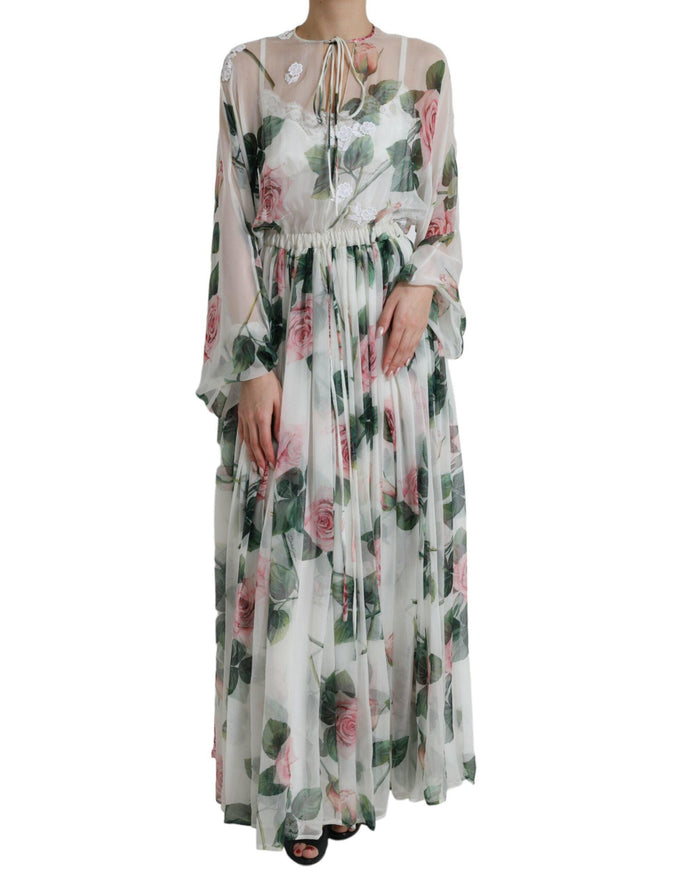 Dolce & Gabbana White Rose Print A-line Pleated Maxi Dress - Ellie Belle