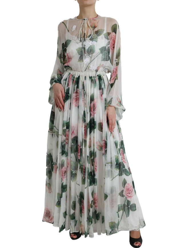 Dolce & Gabbana White Rose Print A-line Pleated Maxi Dress - Ellie Belle