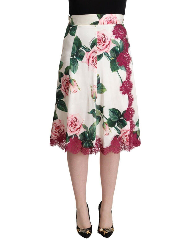 Dolce & Gabbana White Rose Print High Waist Midi A-line Skirt - Ellie Belle