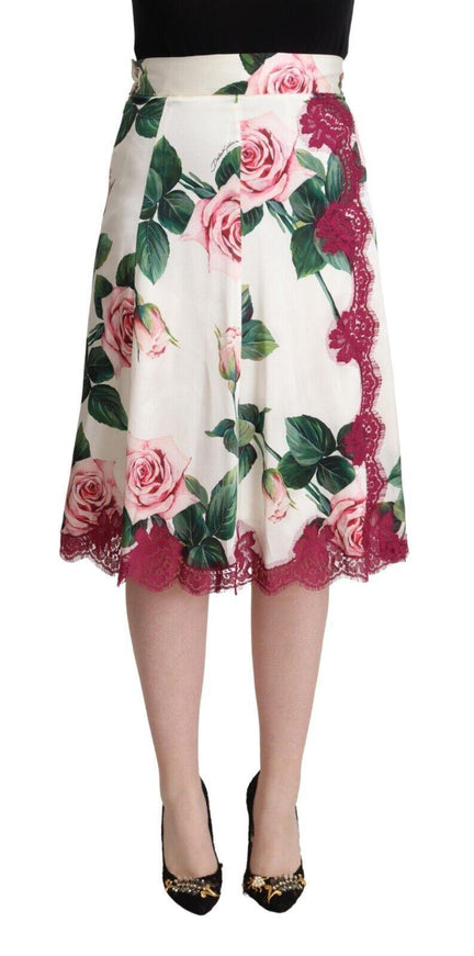 Dolce & Gabbana White Rose Print High Waist Midi A-line Skirt - Ellie Belle