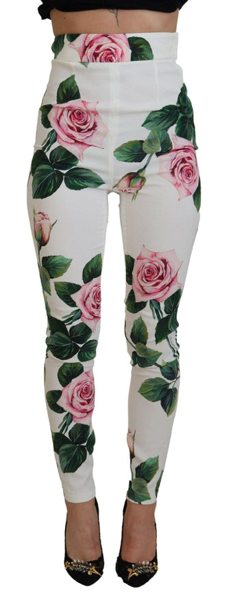 Dolce & Gabbana White Rose Print High Waist Pants - Ellie Belle