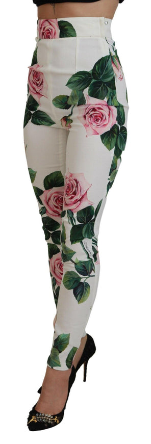 Dolce & Gabbana White Rose Print High Waist Pants - Ellie Belle