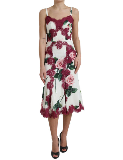 Dolce & Gabbana White Rose Print Lace Silk A-line Midi Dress - Ellie Belle