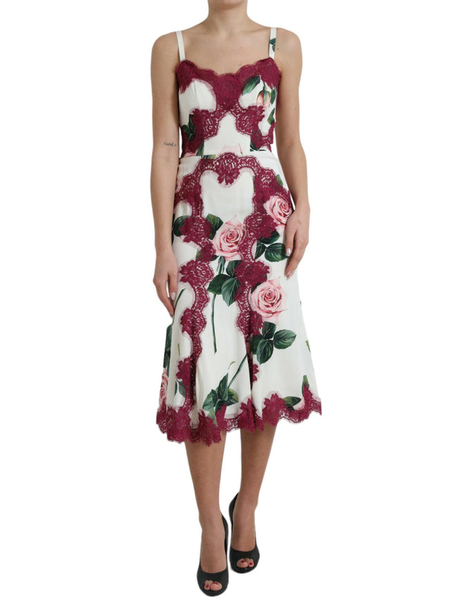 Dolce & Gabbana White Rose Print Lace Silk A-line Midi Dress - Ellie Belle