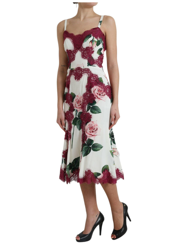 Dolce & Gabbana White Rose Print Lace Silk A-line Midi Dress - Ellie Belle