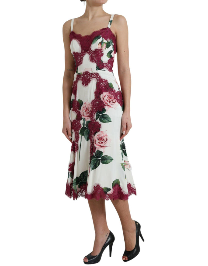 Dolce & Gabbana White Rose Print Lace Silk A-line Midi Dress - Ellie Belle