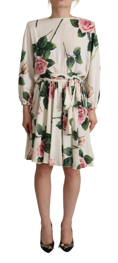 Dolce & Gabbana White Rose Print Long Sleeves A-line Dress - Ellie Belle