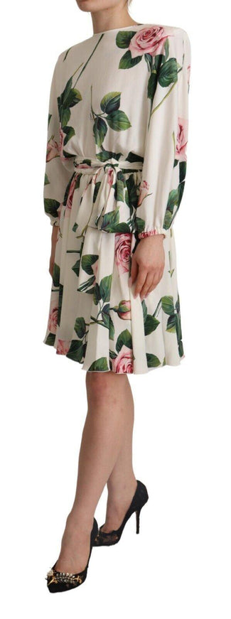 Dolce & Gabbana White Rose Print Long Sleeves A-line Dress - Ellie Belle