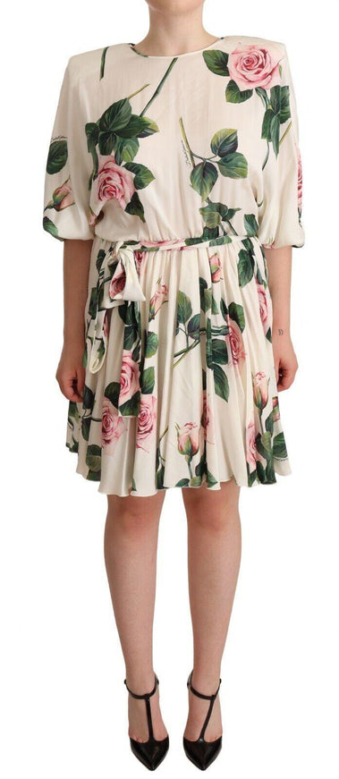 Dolce & Gabbana White Rose Print Stretch Silk Pleated Dress - Ellie Belle