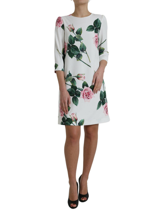 Dolce & Gabbana White Rose Print Viscose A-line Shift Dress - Ellie Belle