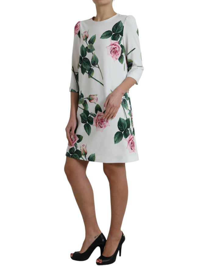 Dolce & Gabbana White Rose Print Viscose A-line Shift Dress - Ellie Belle