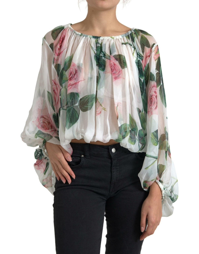 Dolce & Gabbana White Rose Silk Sheer Long Sleeve Blouse - Ellie Belle