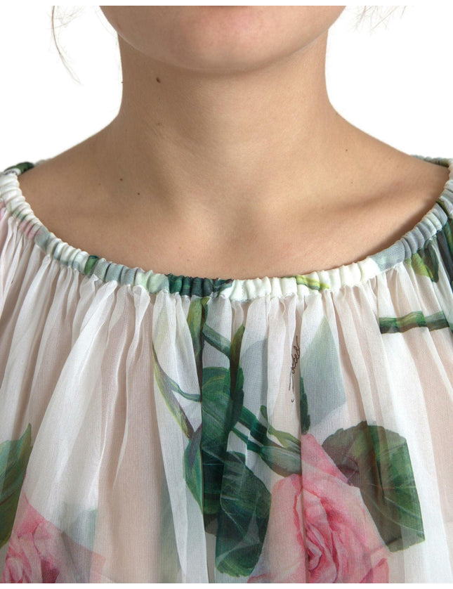 Dolce & Gabbana White Rose Silk Sheer Long Sleeve Blouse - Ellie Belle