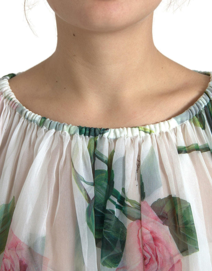 Dolce & Gabbana White Rose Silk Sheer Long Sleeve Blouse - Ellie Belle