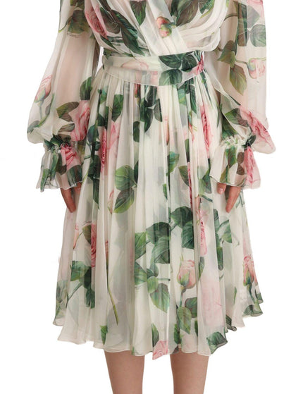 Dolce & Gabbana White Roses Print Silk Chiffon Midi Dress - Ellie Belle
