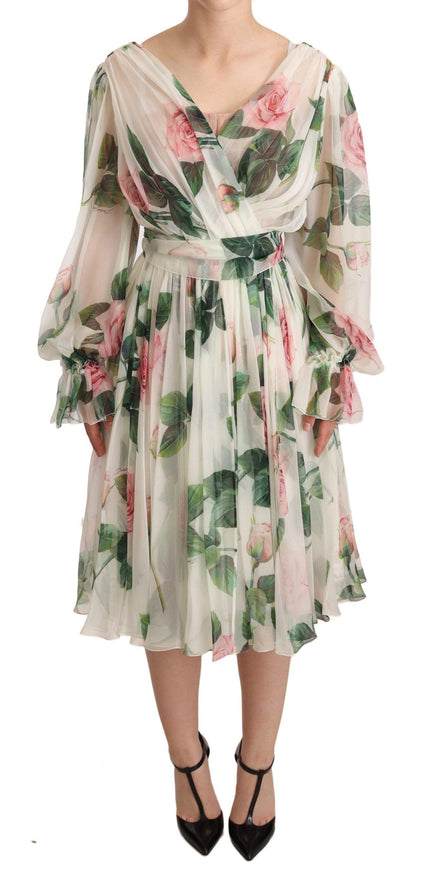 Dolce & Gabbana White Roses Print Silk Chiffon Midi Dress - Ellie Belle