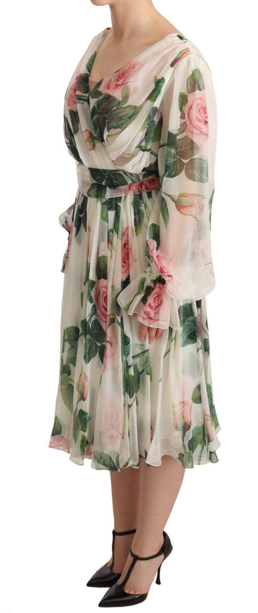 Dolce & Gabbana White Roses Print Silk Chiffon Midi Dress - Ellie Belle