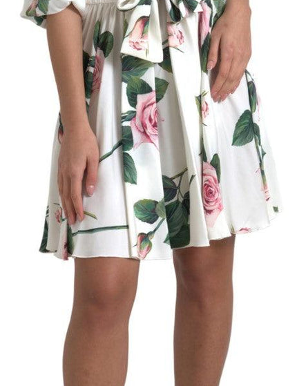 Dolce & Gabbana White Roses Print Stretch Silk A-line Dress - Ellie Belle