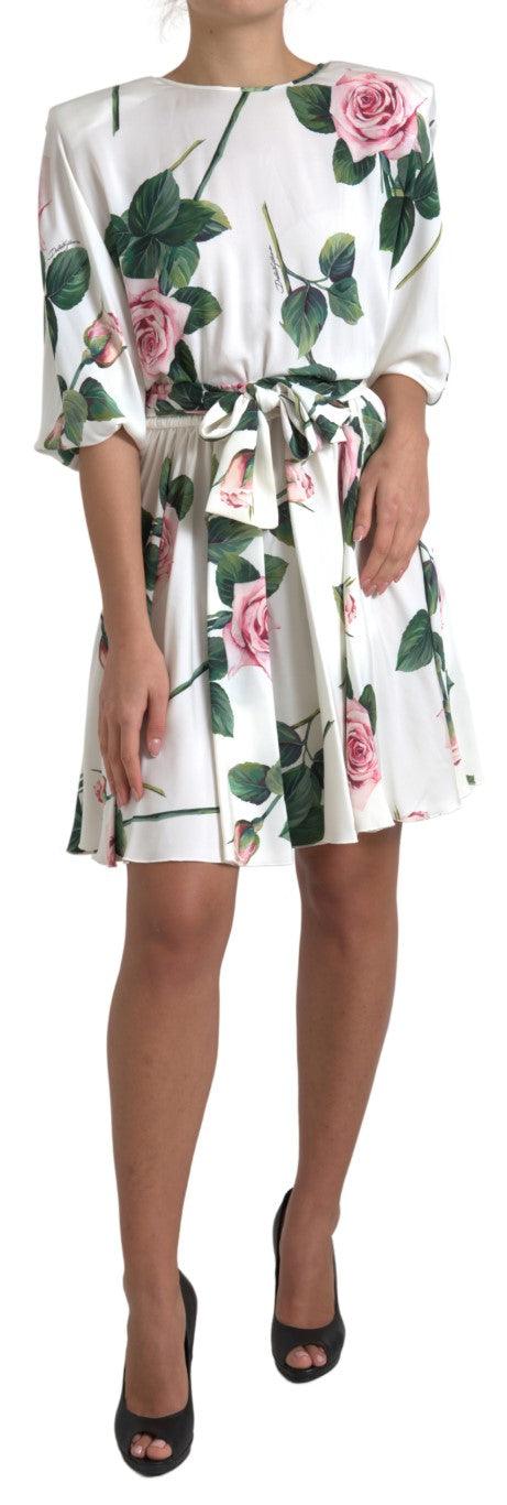 Dolce & Gabbana White Roses Print Stretch Silk A-line Dress - Ellie Belle