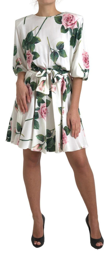 Dolce & Gabbana White Roses Print Stretch Silk A-line Dress - Ellie Belle