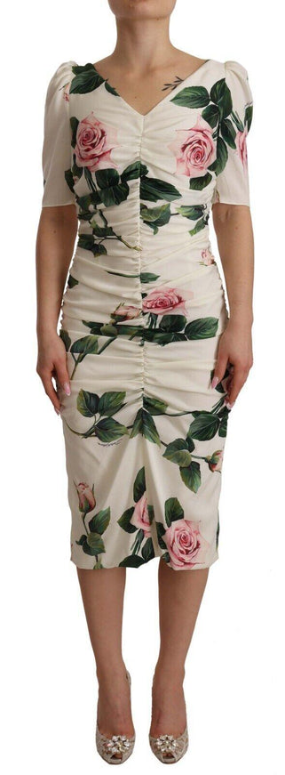 Dolce & Gabbana White Roses Print Stretch Silk Pleated Dress - Ellie Belle