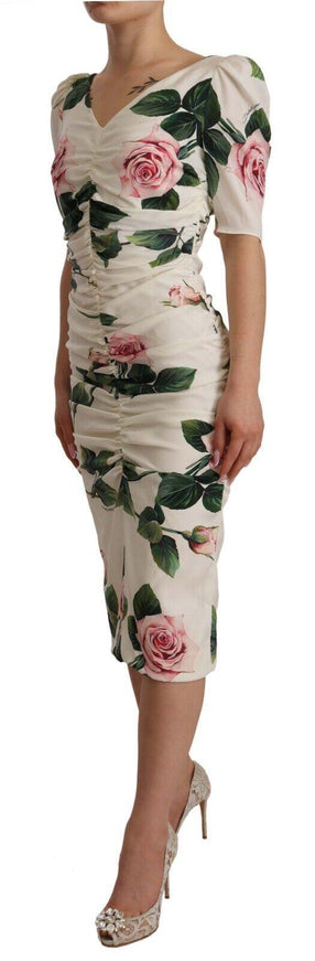 Dolce & Gabbana White Roses Print Stretch Silk Pleated Dress - Ellie Belle