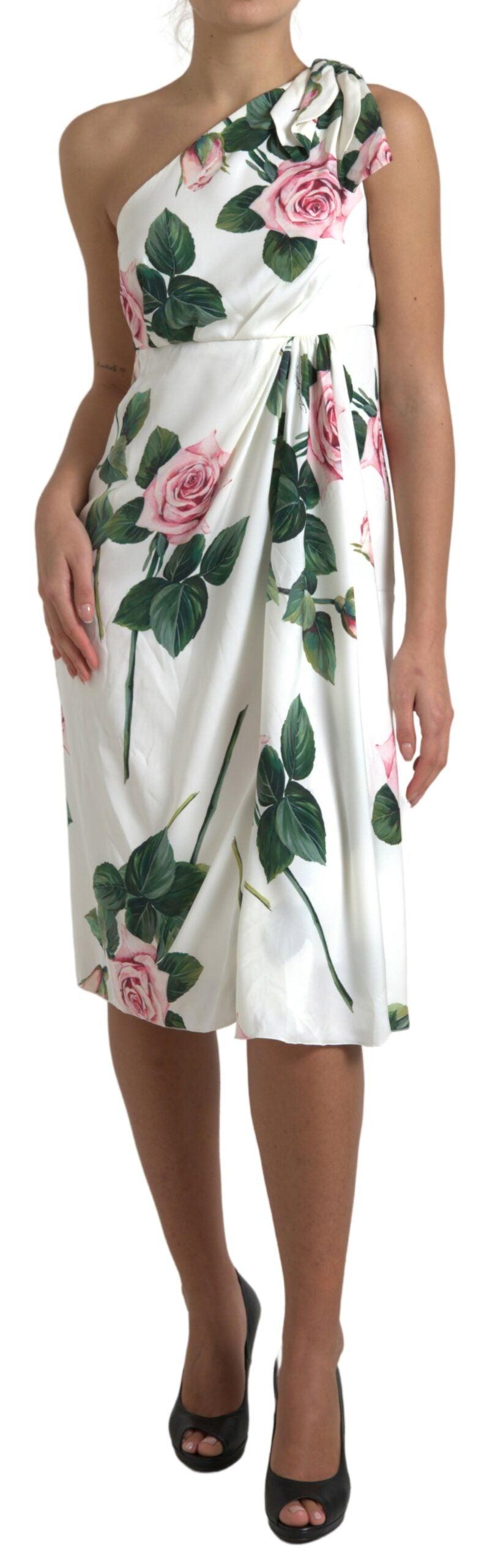Dolce & Gabbana White Roses Print Stretch Silk Pleated - Ellie Belle