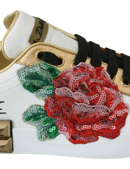 Dolce & Gabbana White Roses Sequined Crystal Womens Sneakers Shoes - Ellie Belle