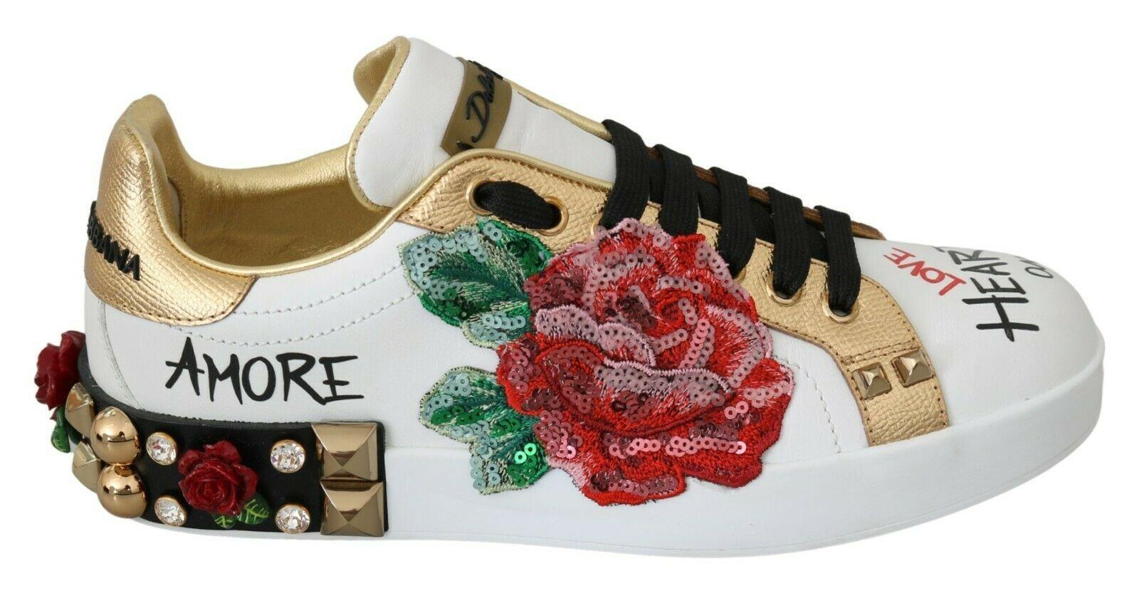 Dolce & Gabbana White Roses Sequined Crystal Womens Sneakers Shoes - Ellie Belle