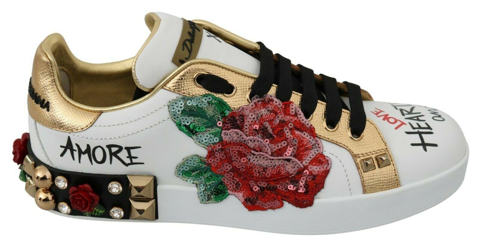 Dolce & Gabbana White Roses Sequined Crystal Womens Sneakers Shoes - Ellie Belle