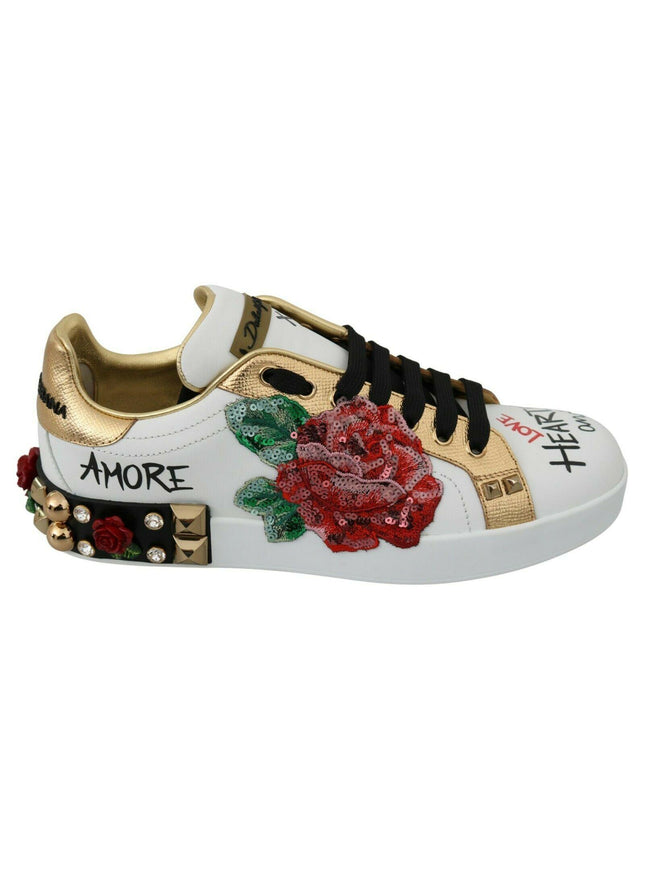 Dolce & Gabbana White Roses Sequined Crystal Womens Sneakers Shoes - Ellie Belle