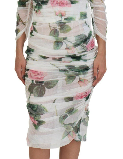 Dolce & Gabbana White Roses Tulle Sheath Midi Cotton Dress - Ellie Belle