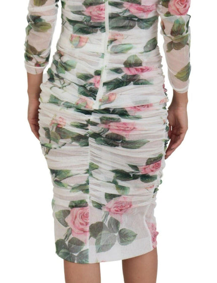 Dolce & Gabbana White Roses Tulle Sheath Midi Cotton Dress - Ellie Belle
