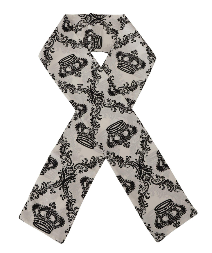 Dolce & Gabbana White Royal Crown Pattern Silk Skinny Necktie Scarf - Ellie Belle