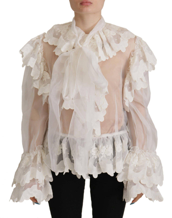 Dolce & Gabbana White Ruffles Lace Long Sleeve Blouse Top - Ellie Belle