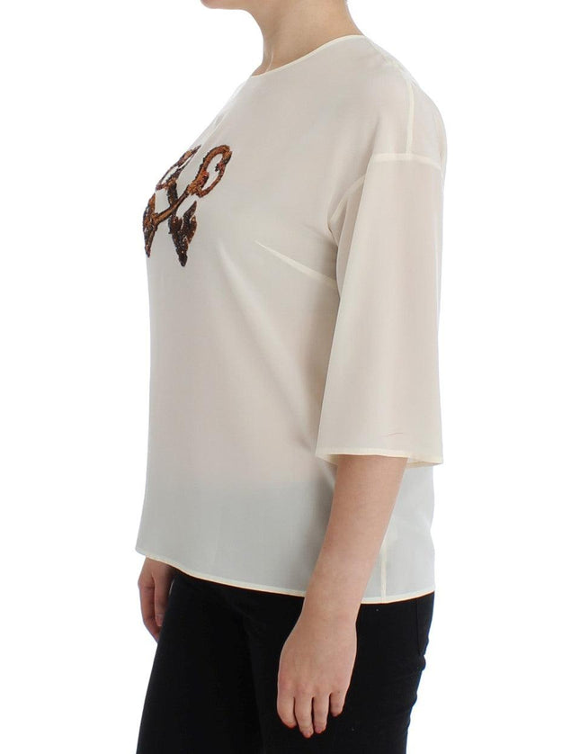 Dolce & Gabbana White Sequined Key Silk Blouse T-shirt Top - Ellie Belle