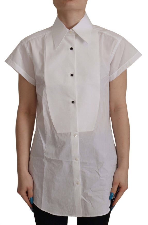 Dolce & Gabbana White Short Sleeve Tuxedo Formal Blouse Shirt - Ellie Belle