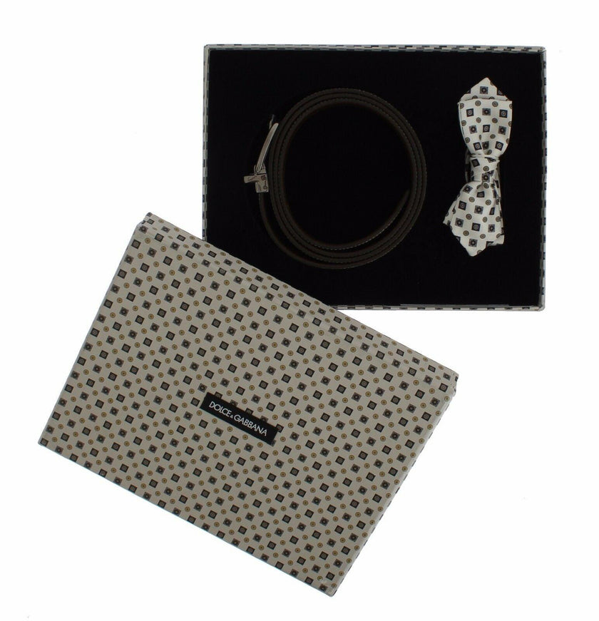 Dolce & Gabbana White Silk Bowtie Leather Men Belt Gift Box - Ellie Belle