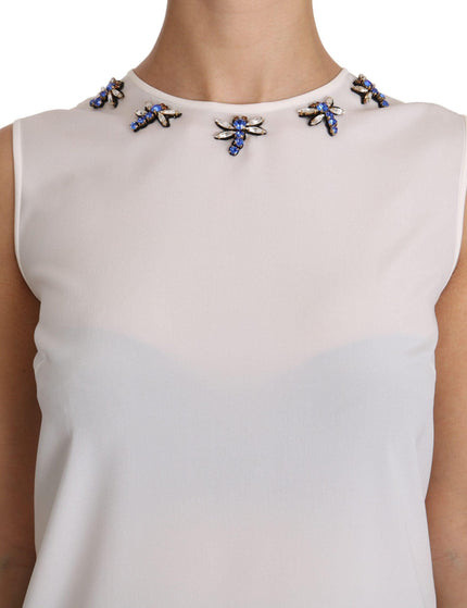 Dolce & Gabbana White Silk Embellished Crystal Dragonfly Top - Ellie Belle